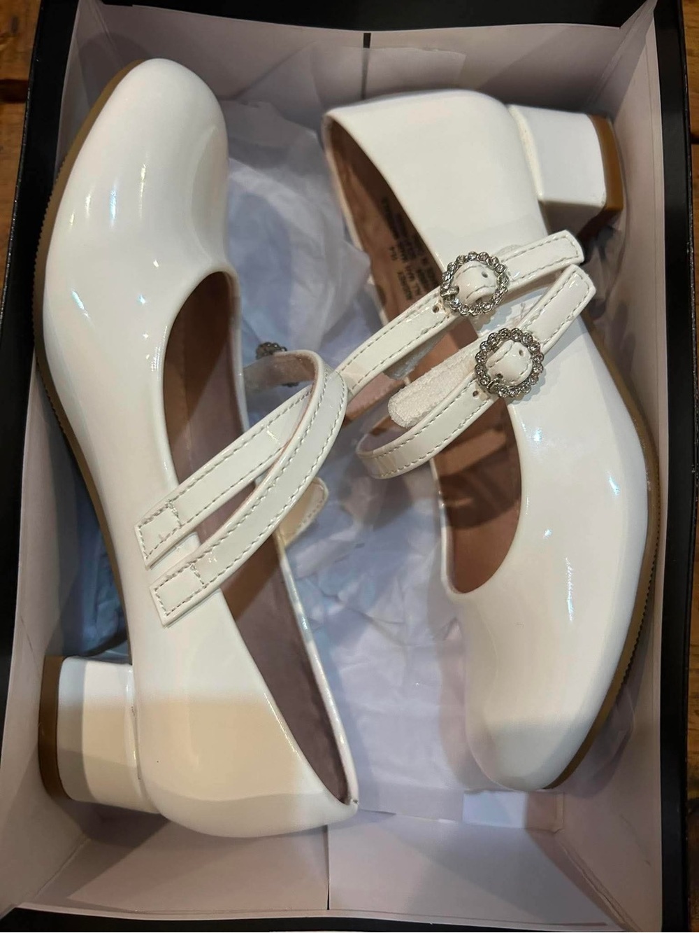 White Patent Mary Jane Heels with Decorative Buckles
